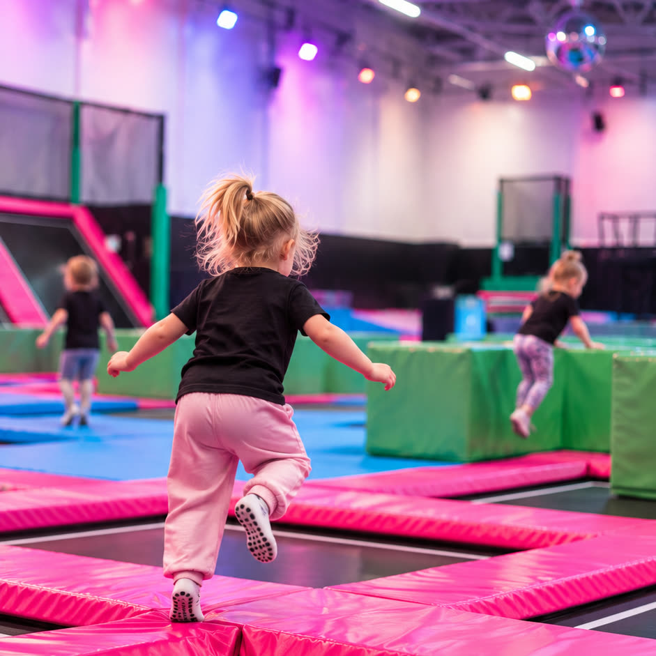 Ett litet barn i rosa byxor hoppar på trampolinerna, sett bakifrån.