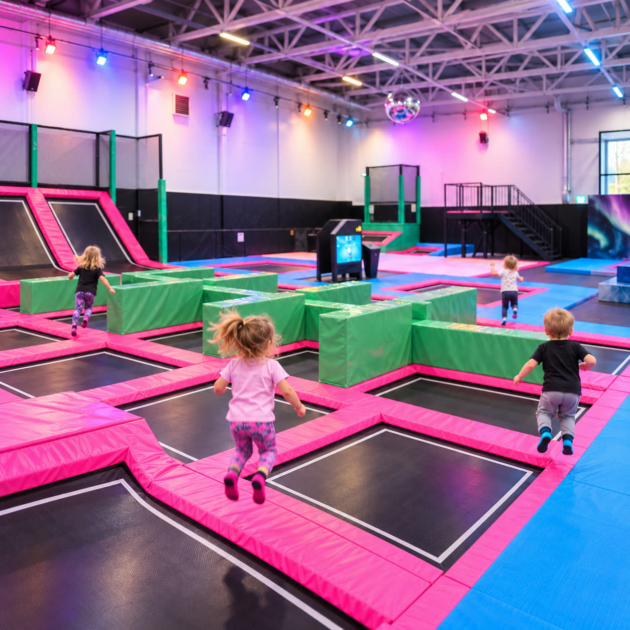 Kleine kinderen springen op de trampolines tussen de groene blokken in de hal, van achteren gezien.