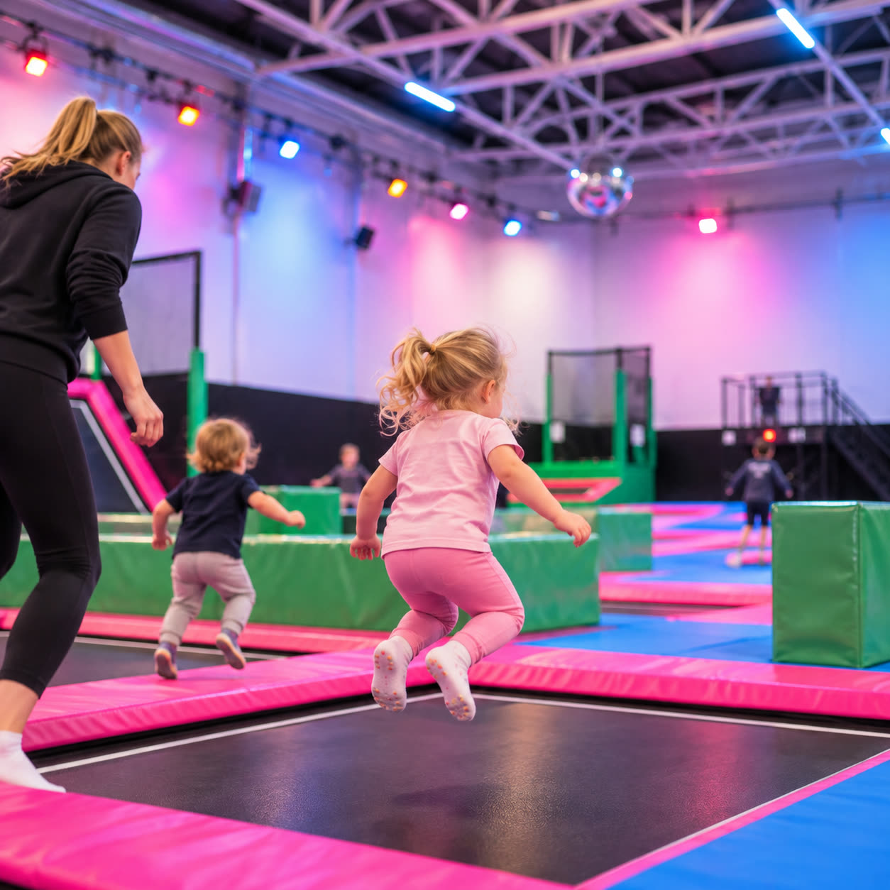 En vuxen och två små barn hoppar tillsammans på trampolinerna, sedda bakifrån.